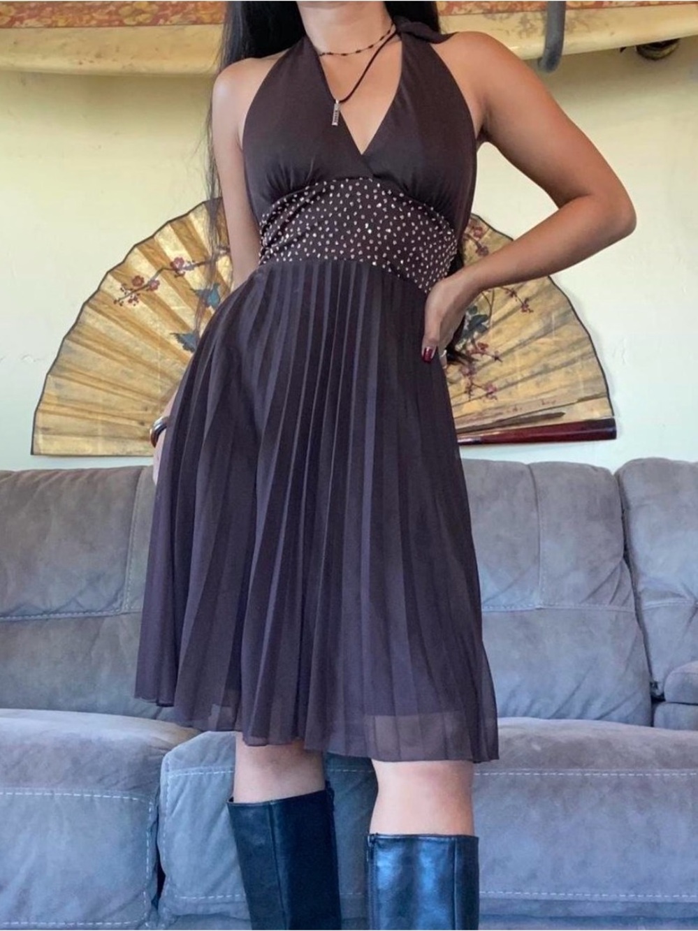 Women’s Brown Halter Pleated Dress with Embellished Waist